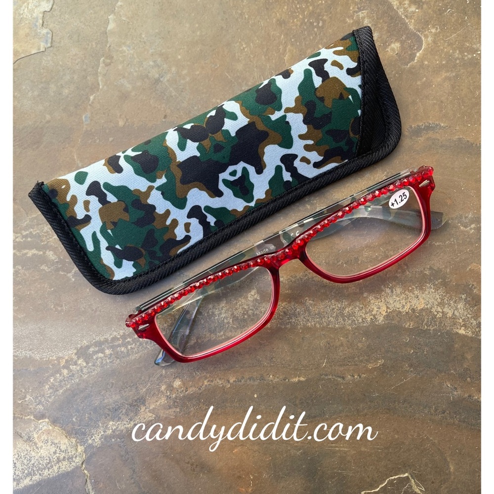 NWT Translucent Red & Camo W/Red Crystals Bling Reader Glasses With Case 1.25